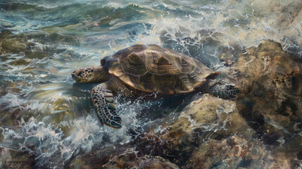 Majestic Sea Turtle Navigating Rocky Shoreline with Ocean Waves Crashing in a Stunning Natural Habitat Scene