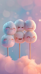 Cute Cartoon Snowball Characters on Sticks with Smiling Faces in Dreamy Pastel Background