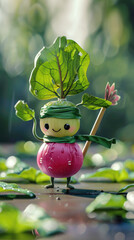 Cute Vegetable Character with Leaf Hat and Stick in Lush Garden Setting on a Sunny Day