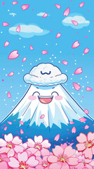 Whimsical Cartoon of Mount Fuji with Smiling Face and Cherry Blossoms in a Vibrant Spring Scene