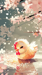 Cute Chick Surrounded by Cherry Blossoms in a Serene Spring Setting with Soft Pastel Colors and Gentle Sunlight