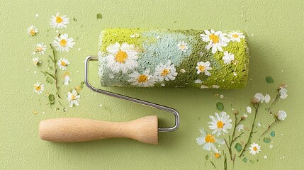 Flower-Covered Paint Roller Against Green Background, showcasing the fusion of nature and creativity, symbolizing renewal and freshness in a minimalist setting