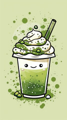 Cute Cartoon Matcha Bubble Tea with Whipped Cream and Smiling Face on Green Background
