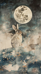 Enchanting Watercolor Rabbit Under Full Moon with Dreamy Night Sky and Blossoms