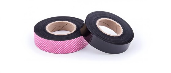 Two rolls of black electrical tape, one with pink pattern isolated on white