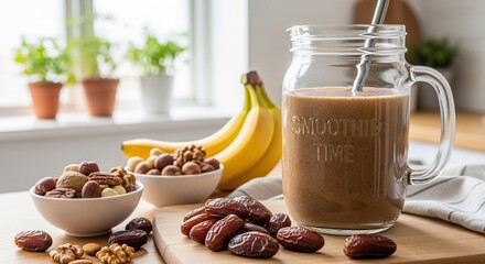 A healthy breakfast smoothie in a glass jar, surrounded by fresh ingredients like bananas, dates, and various nuts.