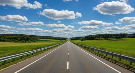 Empty asphalt road leading towards horizon through green fields under blue sky