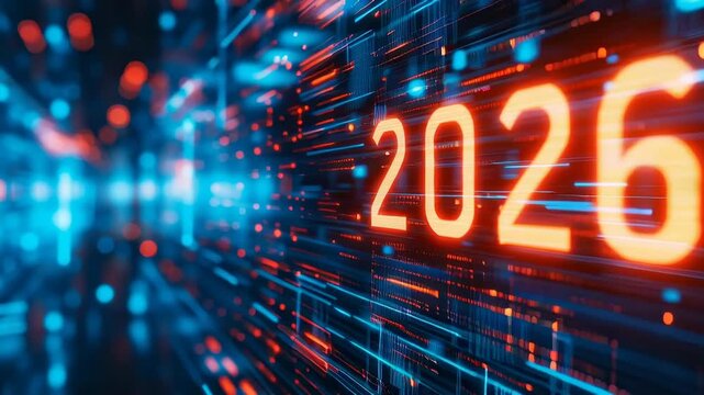 Bright futuristic digital display with vibrant colors showing the year 2026 and dynamic light patterns