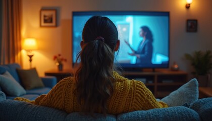 Woman watches movie on big screen TV from cozy sofa. Enjoying leisure time indoors, relaxing at home with entertainment. Nighttime screen viewing, modern digital media consumption.