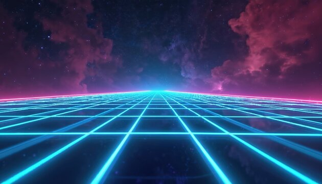 Neon grid receding into glowing horizon under starry nebula sky. 80s retrofuturistic digital space landscape, synthwave aesthetic, virtual reality concept.