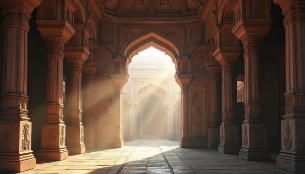Interior view of an ancient Indian temple with archways and columns. Light beams shine through the structure. A serene indoor space showcases architectural detail and historical atmosphere. - Powered by Adobe