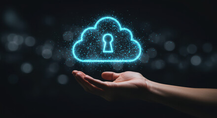 Hand holding glowing neon cloud security icon with padlock symbol abstract background