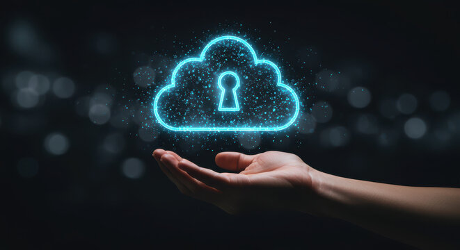 Hand holding glowing neon cloud security icon with padlock symbol abstract background