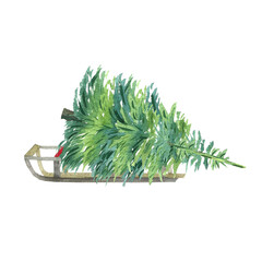 Christmas tree on a sled, watercolor illustration for postcards, design, tableware, and textiles