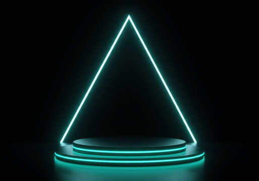 Futuristic neon triangle stage podium with glowing teal light effects