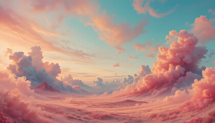 Surreal dusk sky gradient from magenta to gold and turquoise with feathery clouds