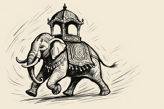 Elegant sketch of an elephant adorned with a ceremonial howdah and ornate fabric in motion.