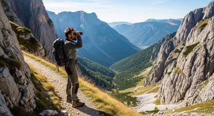 A hiker with a backpack and binoculars, standing on a trail in a mountainous landscape, looking out at a valley.