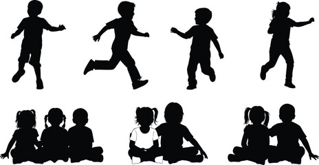 Children silhouettes, standing and sitting poses, social interaction, black vector icons, posture study, isolated on white background, playful activity