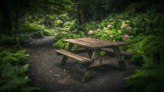 Rustic picnic table setup along forest trail with lush green foliage