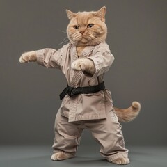 A fluffy cat dressed in a karate uniform with a black belt stands in a power stance on a gray background.