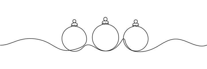 Continuous line drawing of Christmas balls decoration. One line art concept of pine tree decoration for merry Christmas and happy new year greeting card. Editable stroke