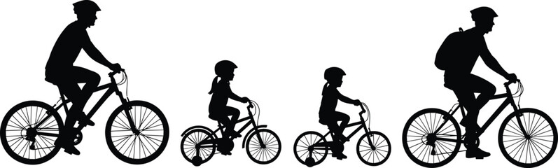 Obraz premium Cycling family silhouettes, parents and children riding bicycles, helmet safety, outdoor activity, black vector icons, isolated on white background