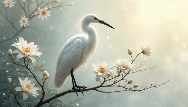 White heron bird sits on flowering branch. Delicate white blossoms and green leaves create peaceful nature scene. Soft light illuminates avian elegance.