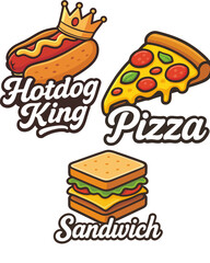 Tasty Fast Food Illustration with Hotdog King, Pizza Slice, and Sandwich Design in Cartoon Style