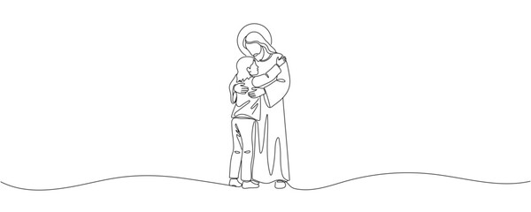 One continuous line drawing of Jesus Christ hugs the child Editable stroke