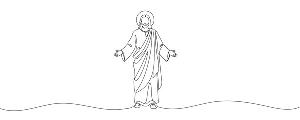 Continuous line of Jesus reaching out and giving love.one line drawing of the Lord Jesus giving love to the people. Single line vector illustration. Editable stroke