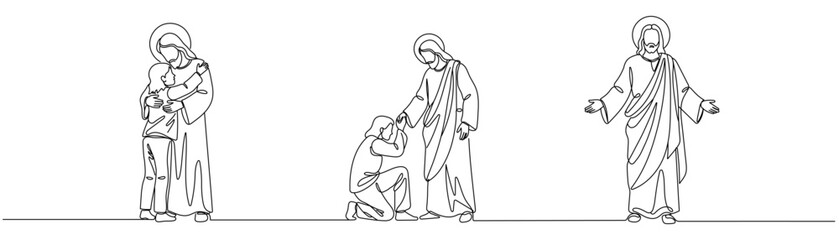 continuous line of Jesus reaching out and giving love.one line drawing of the Lord Jesus giving love to the people.single line vector illustration.isolated white background Editable stroke