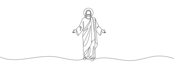Continuous line of Jesus reaching out and giving love.one line drawing of the Lord Jesus giving love to the people. Single line vector illustration. Editable stroke