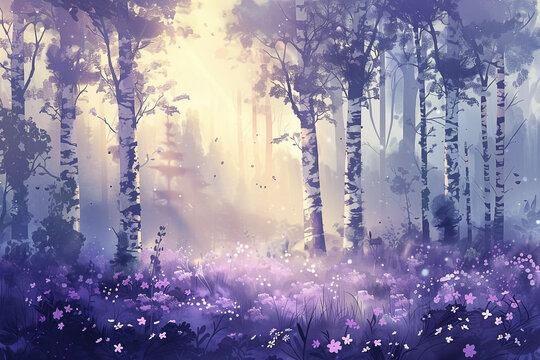 Enchanted birch forest glade bathed in dreamy lilac and golden sunlight