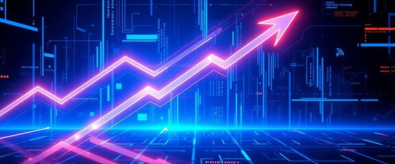 Abstract blue cyberpunk background with glowing growth arrows in futuristic style,  power, cyberpunk