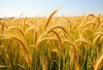 Obraz premium Golden wheat swaying gently in a summer breeze, sunlit field, rye, environment