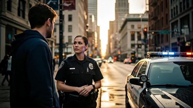 A man talks to a woman police officer on a city street with a patrol car parked nearby at sunset, urban authority footage.