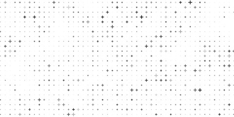 Seamless background pattern of evenly spaced black plus symbols of different sizes and opacity.