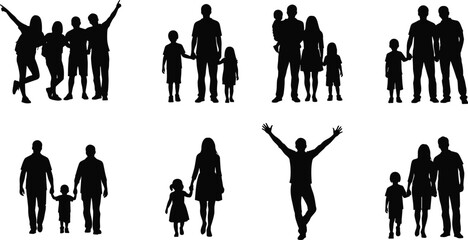 Family silhouettes, parents and children walking, holding hands, joyful poses, diverse family groups, black vector icons, isolated on white background