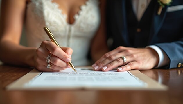 Bride and groom hands with wedding rings sign marriage certificate with gold pen. Couple commits legally, marking union with official document, symbolizing love and partnership.