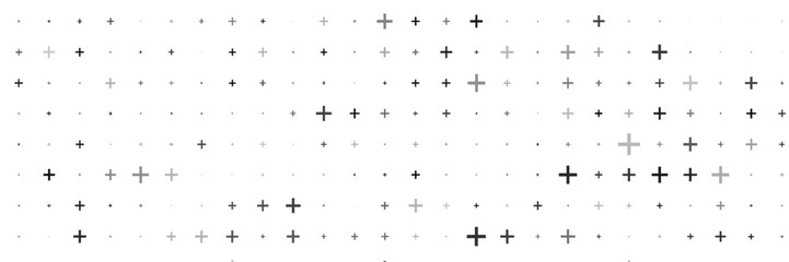 Seamless background pattern of evenly spaced black plus symbols of different sizes and opacity. Vector illustration on white background
