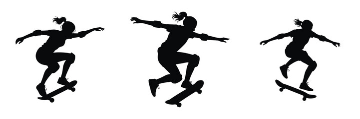 Silhouette of Female Skateboarder Performing Trick – Woman Athlete Jumping on Skateboard, Urban Sport, Energy, Balance, Skill, and Action Motion Illustration Isolated on White Background