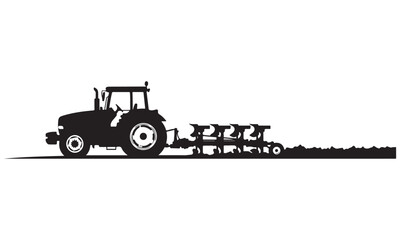 Black Silhouette of a Tractor Plowing a Field with a Modern Cultivator
