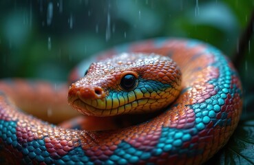 Obraz premium Iridescent snake coils with vibrant orange pink teal scales. Water droplets on skin during rain in jungle foliage. Macro detail of reptile eye and texture.