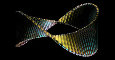 An intricate helix-like structure with reflective surfaces creates a dynamic visual effect. The colors shift between warm golds and cool blues.AI generated.