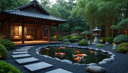 Obraz premium Japanese garden with koi pond features traditional architecture, rich plants, stone paths. Bamboo, manicured bushes, stone lantern create serene Zen atmosphere for peaceful contemplation, relaxation.