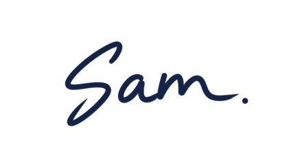 Elegant handwritten signature of the name Sam in dark blue ink.
