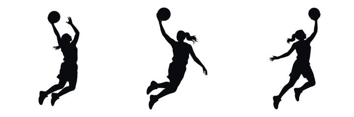 Silhouette of Female Basketball Player Jumping to Shoot Ball – Woman Athlete in Action, Sports Training, Strength, Energy, and Team Game Concept Illustration Isolated on White Background