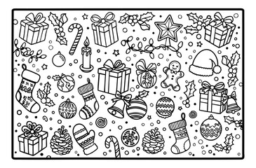Christmas illustration for coloring, party decoration, symbolic Christmas icons