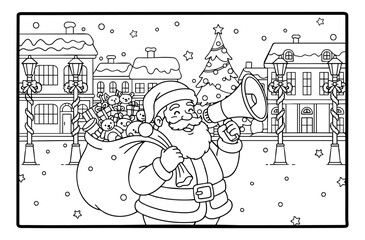 coloring page coloring book Santa Claus announcing arrival with megaphone Christmas illustration